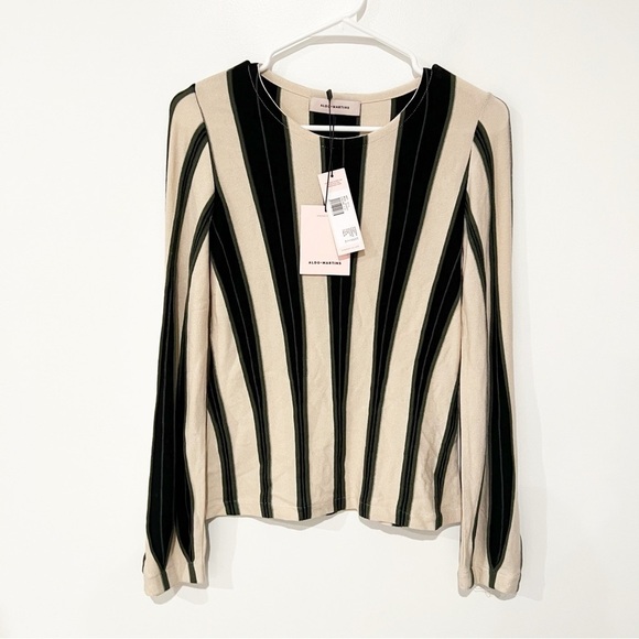 NWT ALDO MARTINS Bondy Puff Sleeve Pullover Top In Black Beige Stripe small - Picture 5 of 9